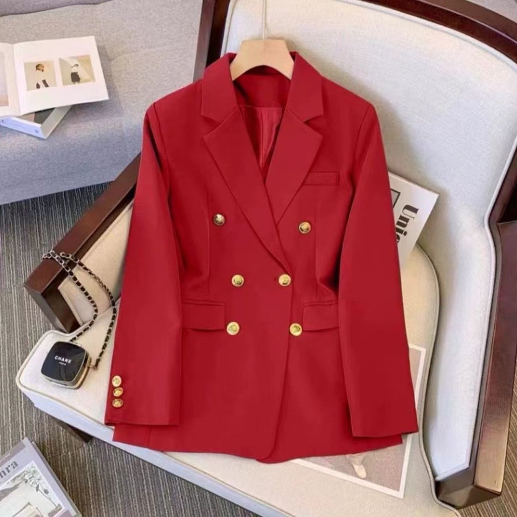 Slimmer สีแดงหลวม High-End Age-Reduction ชุดสไตล์ใหม่ All-Match ชุดแฟชั่น 2025 แจ็คเก็ตอารมณ์ฤใบไม้ร
