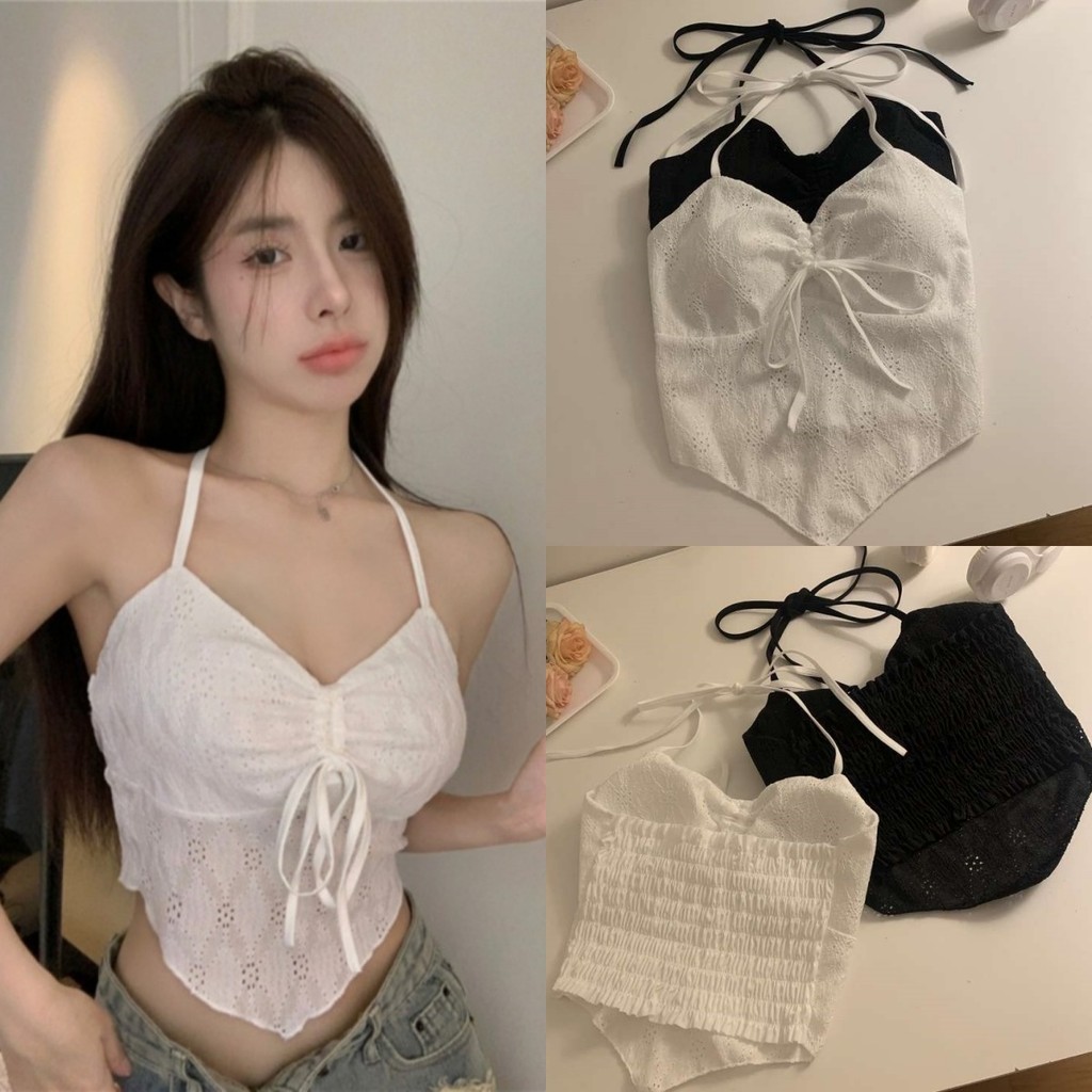 Anne เสื้อสายเดี่ยว สีพื้น มีฟองน้ำ คล้องคอ ผูกโบว์ ผ้านุ่ม เสื้อครอป สไตล์เกาหลี เซ็กซี่✨#FY9064