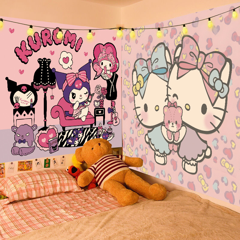 Kuromi Sanrio Girl ผ้าพื้นหลังการ์ตูนน่ารัก Melody ผ้าติดผนัง