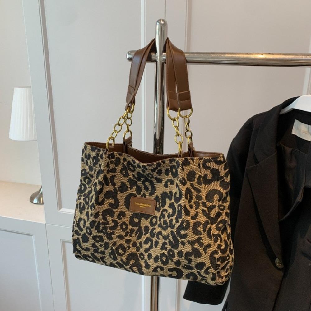 Easts Tote Bag กระเป๋าสะพายผ้าแคนวาสลายเสือดาว กระเป๋าใต้วงแขนความจุขนาดใหญ่แบบลําลอง ผู้หญิง