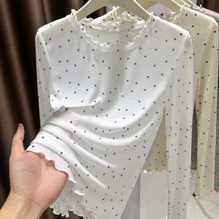 [ส่งไวจากไทย] Fulllove เวอร์ชั่นเกาหลีผู้หญิงสไตล์แขนยาวเสื้อยืดแฟชั่นบางรุ่นรอบคอลายจุดป้องกันแสงแดด