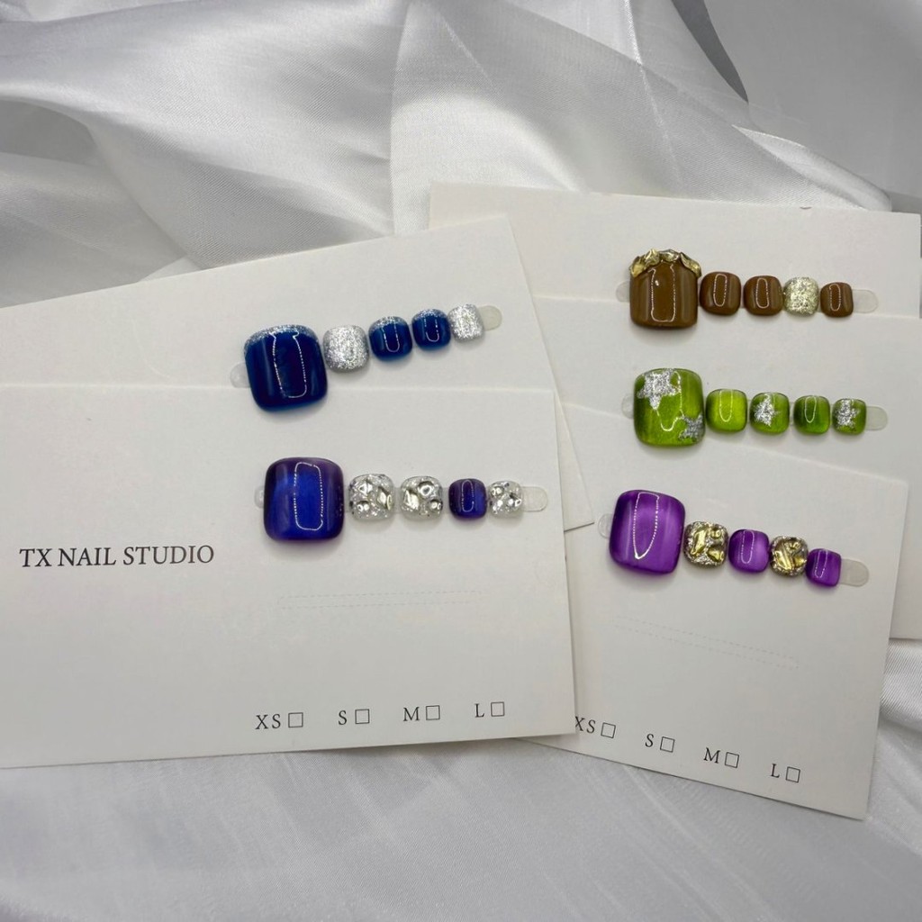 HANDMADE + กาวฟรี10 สไตล์ภาพจริงเล็บนิ้วเท้าเทียม Elegant Cats eye พร้อมเพชร Phototherapy ปลอม Toe Nail Patch กดบนเล็บนํากลับมาใช้ใหม่ได้ ราคา ถูกที่สุด ดีลบีเคเค