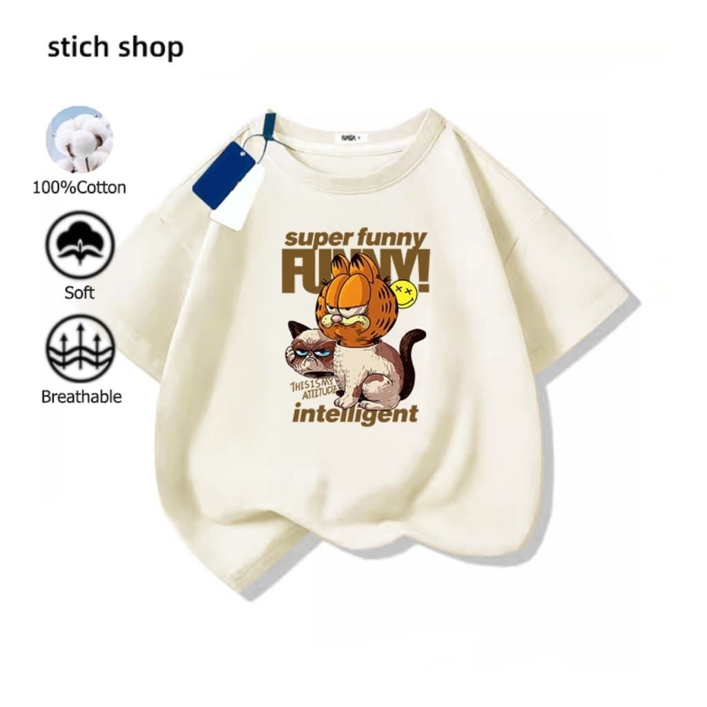 Garfield เสื้อยืดเด็ก ทั้งเด็กชายและเด็กหญิงสามารถสวมใส่ได้ ผ้าฝ้ายแท้ ระบายอากาศได้ เสื้อยืดแขนสั้นเด็กลายการ์ตูนน่ารัก