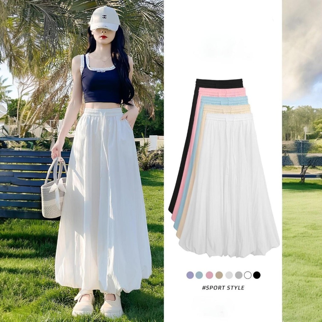 กางเกงขากว้างเอวสูงสไตล์เกาหลี กางเกงทรงกระโปรงพองๆน่ารักๆ สีพาสเทล เอวยางยืด ผ้าสองชั้นไม่บาง สวมใส่สบาย