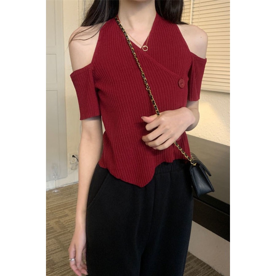 百露挂针衫女士保暖夏季2025年新款短袖小众显瘦短款短款上衣ปิดไหล่ห้อยคอถักเสื้อกันหนาวสําหรับผู้หญิงออกแบบบางฤดูร้อน 202SDF