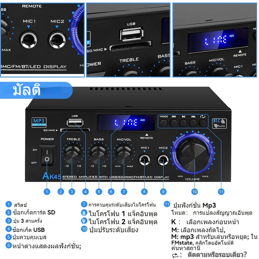 เครื่องขยายเสียงลําโพง12V ขนาดกะทัดรัด Bluetoothสเตอริโอ Amplificador แบบพกพา ไร้สายบลูทู ธ วิทยุFMamplifer