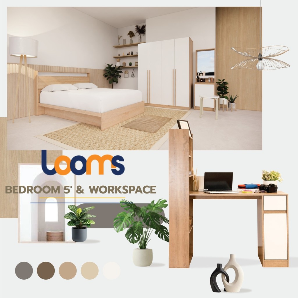 Looms ชุดห้องนอน ขนาด 5 ฟุต + โต๊ะทำงาน สีโซลิดโอ๊ค  แบรนด์ LOOMS