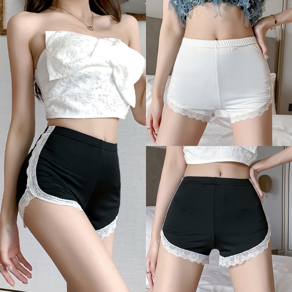 🍑Riley🍑กางเกงขาสั้น เอวยืด แต่งลูกไม้ เข้ารูป ทรงสวย✨ขาสั้นเอวสูง ใส่สบาย สไตล์เกาหลี ส่งไวจากไทย