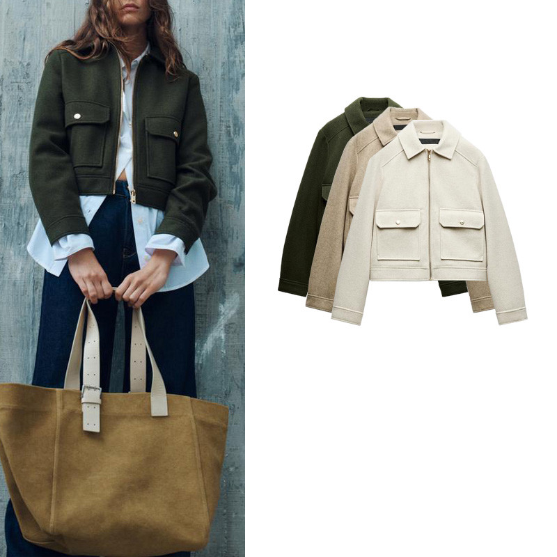 เสื้อแจ็คเก็ตสั้นมีซิปลวดลายจาก ZARA สไตล์ทันสมัยสำหรับผู้หญิงในฤดูกาลใบไม้ร่วงถึงหนาว