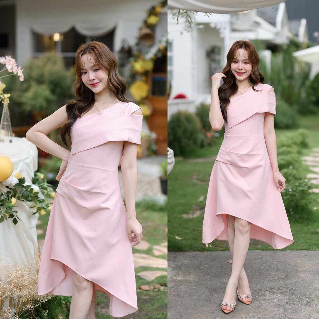 Claudia Asymmetric Dress : สีโอรส [Made by Pastel Time]
