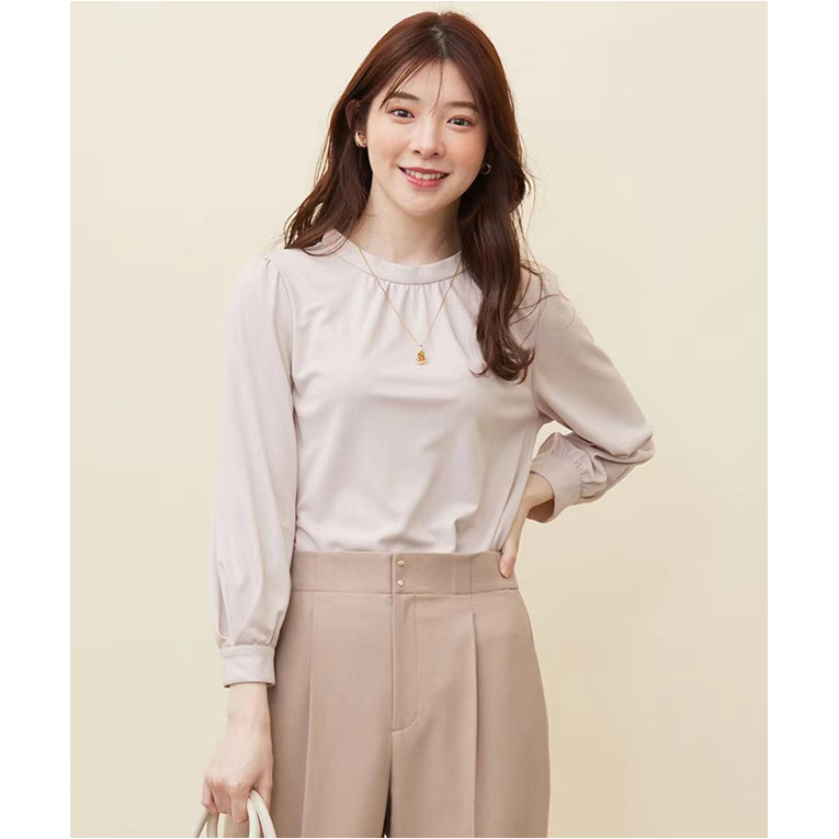 Anysis Easy Care ~ เสื้อยืนปกญี่ปุ่นเสื้อสวมหัวคอกลมหรูหราแขนยาวฤดูใบไม้ผลิครีมกันแดดยืดด้านบนผู้หญิ