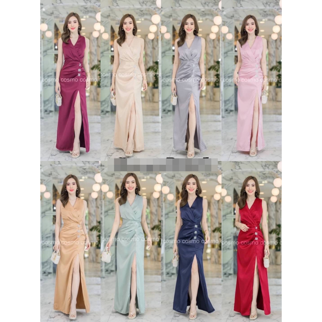 BS3306  เดรสยาว ออกงานผ้าซาร่าแต่งป้ายหน้า ผ่าหน้