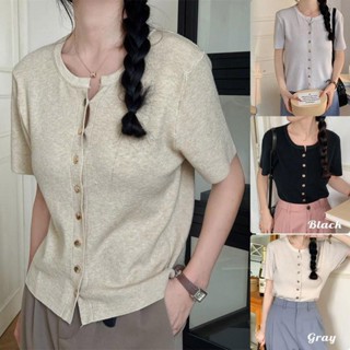 mimi&didi#เสื้อคาร์ดิแกนถัก แขนสั้น สีพื้น สีพื้น นุ่ม กระดุ…