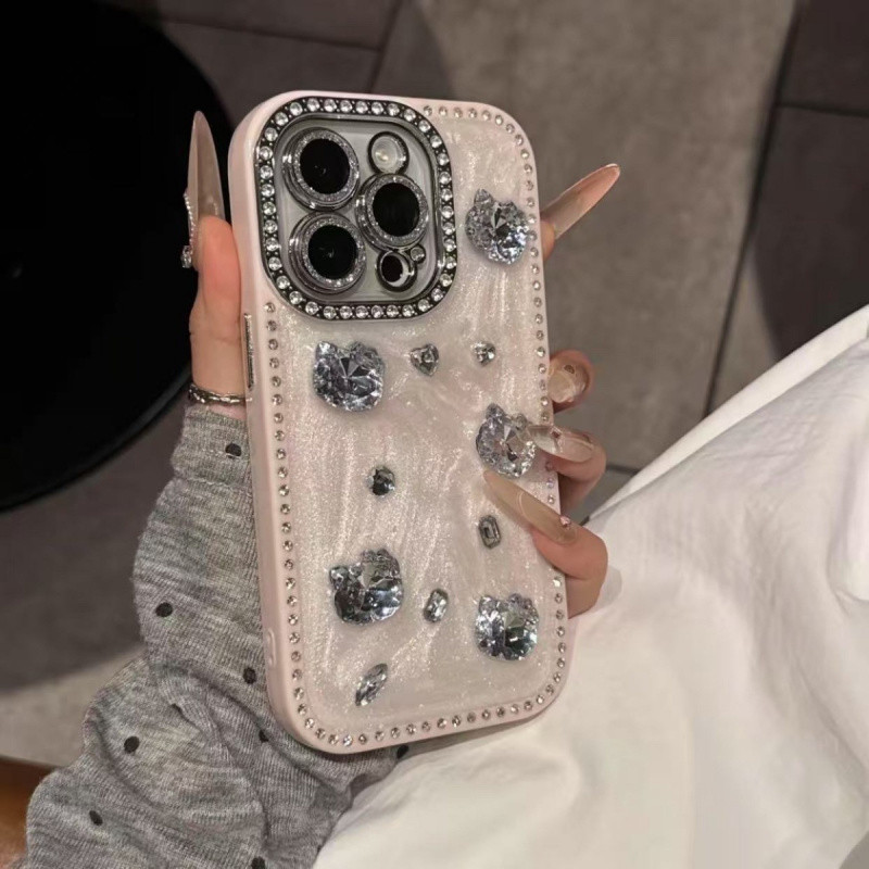 3Dการ์ตูนแมวRhinestoneสีชมพูเคสโทรศัพท์สําหรับiPhone 13 14 15 16 Pro Maxสองด้านฝังRhinestone anti drop HardสําหรับiPhone16 กรณีปลอก