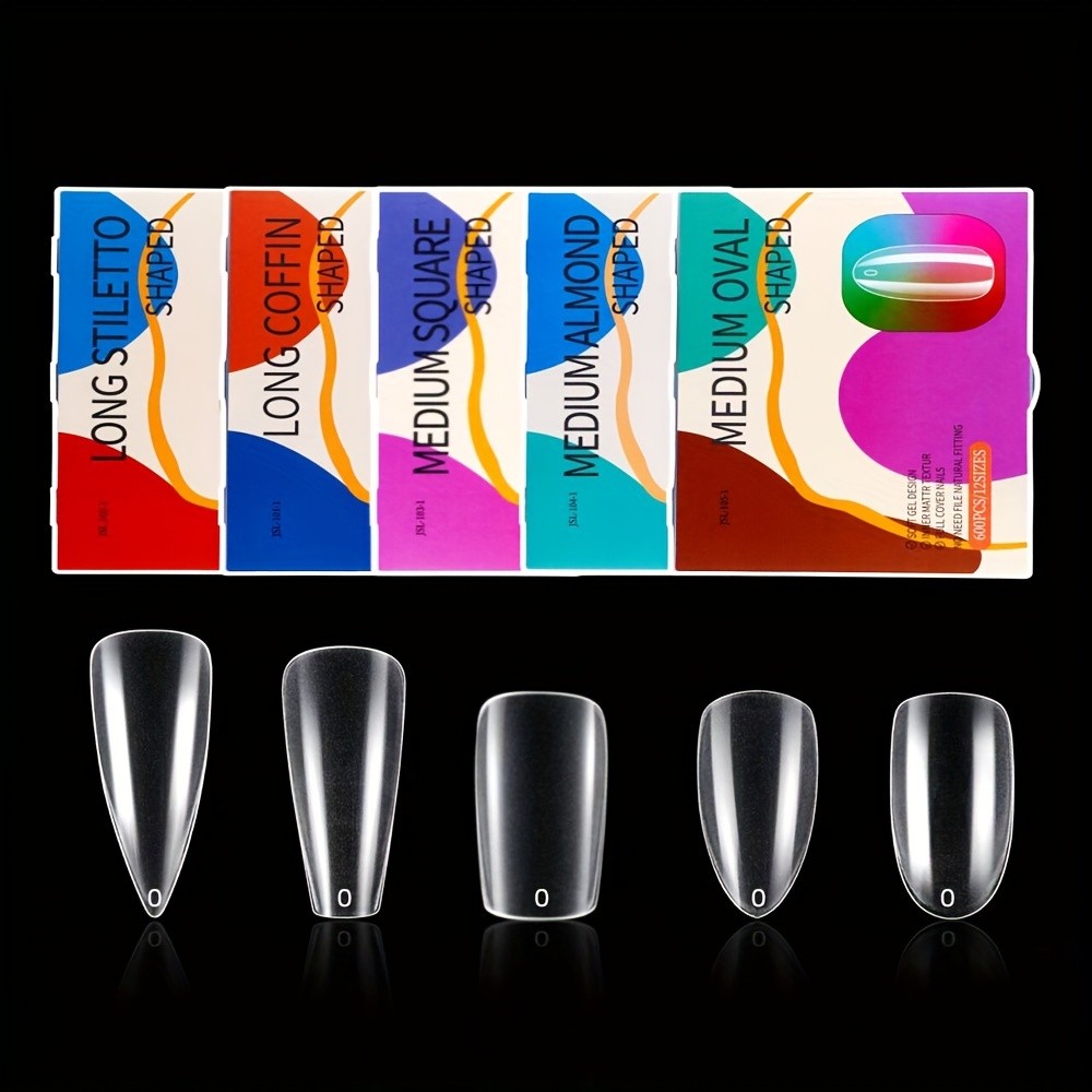 600 ชิ้น Soft Gel ทิปส์ใส ทรงโลงศพยาว สําหรับทําเล็บปลอมกดติด ใช้เองที่บ้านและร้านทําเล็บ