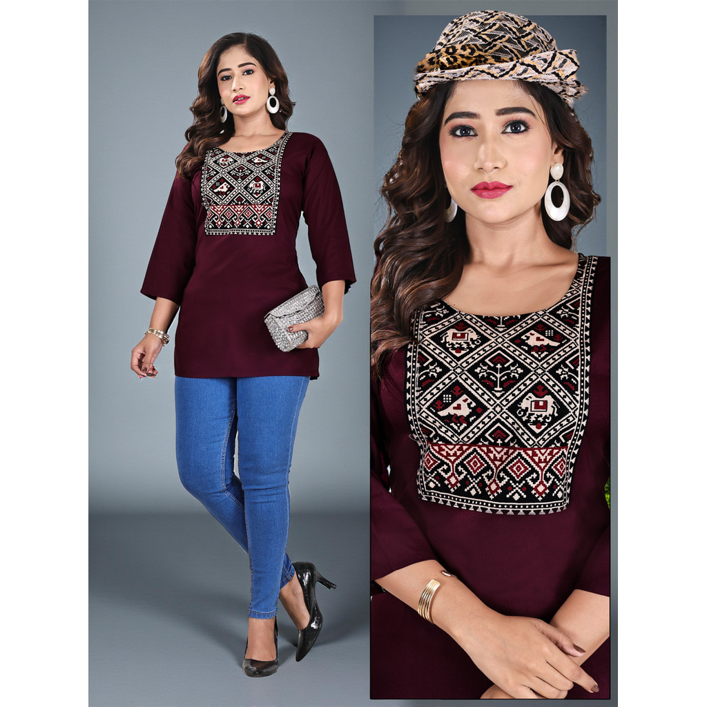 สั้น Kurti ผ้าเรยอนชุดลําลอง Kurti สําหรับกางเกงยีนส์ 1455