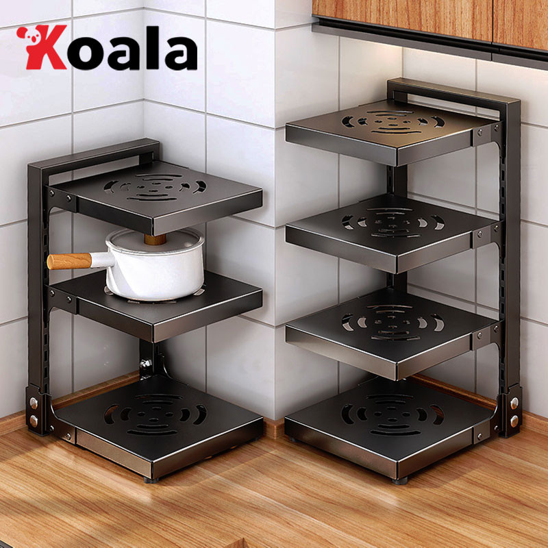 KOALA ชั้นวางหม้อ 2-4 ชั้น ปรับได้ ชั้นวางของในครัว วัสดุเหล็กกล้าคาร์บอน ปรับได้ ไซน์สแน็ปอินเพื่อให้เก็บหม้อและก