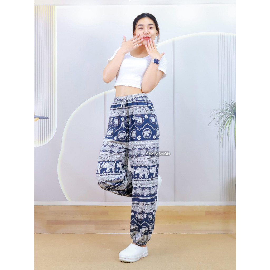 กางเกงขายาว 9ส่วน กางเกงขากระบอก ปลายขาจั้ม พิมพ์ลายช้าง ผ้าไหมอิตาลี่ เนื้อผ้านิ่ม  p9383# - รูปที่ 6