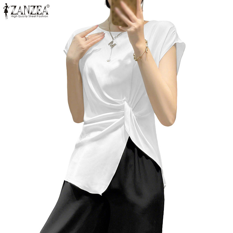 ZANZEA เสื้อเบลาส์สไตล์เกาหลี สั้นคอกลม แบบ Raglan สำหรับผู้หญิง จากผ้าซาติน