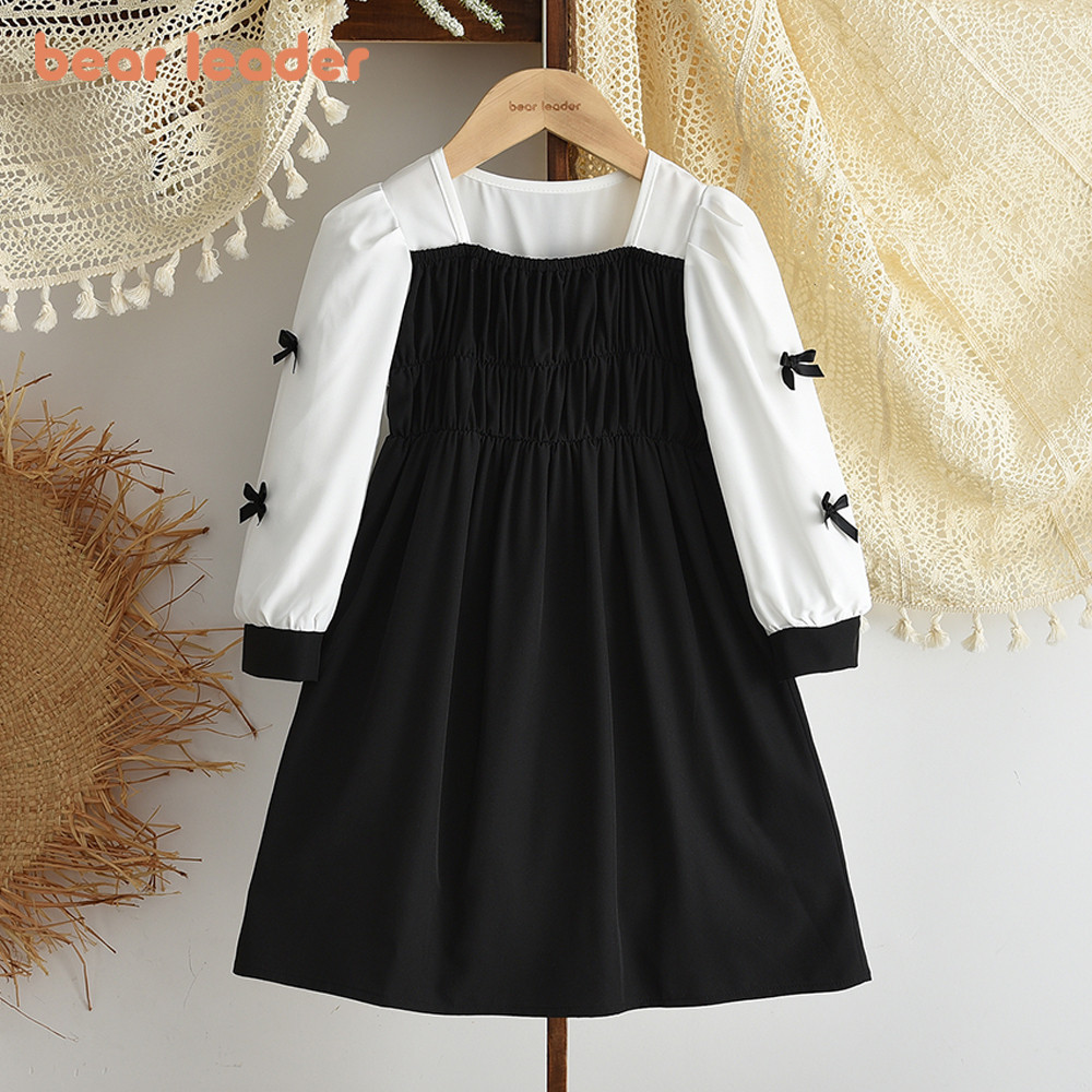 ผู้นําหมีเวอร์ชั่นเกาหลีโบว์แขนยาวธรรมดาเย็บปะติดปะต่อกันชุดลําลองฤดูใบไม้ร่วง3-7ปีสาวเสื้อผ้าฤดูใบไม้ผลิเด็กแฟชั่นสวมใส่