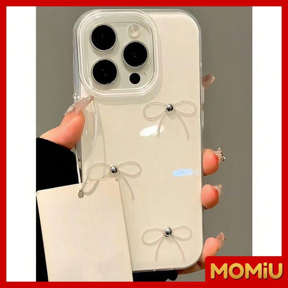 MOMiU - เจลลี่เนียนเงา IMD สีขาว เข้ากันได้สำหรับ เคสไอโฟน11 เคส iphone16 Pro Max 7Plus XR 12 13 14 15 โบว์สีดำสวยงาม
