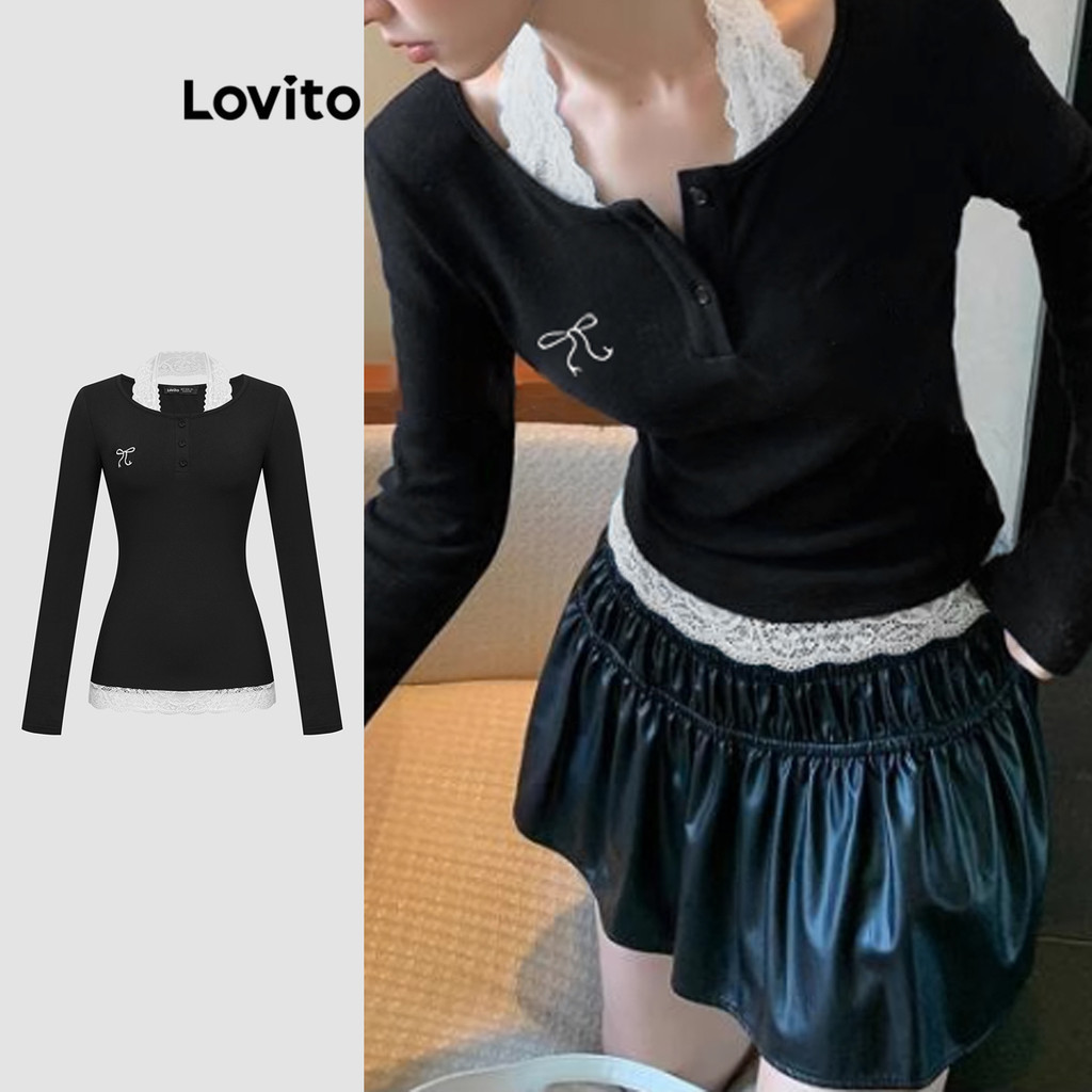 Lovito เสื้อยืดลําลองฤดูร้อน บล็อกสี ปลอม 2-ใน-1 เสื้อยืดสําหรับผู้หญิง L114AD476