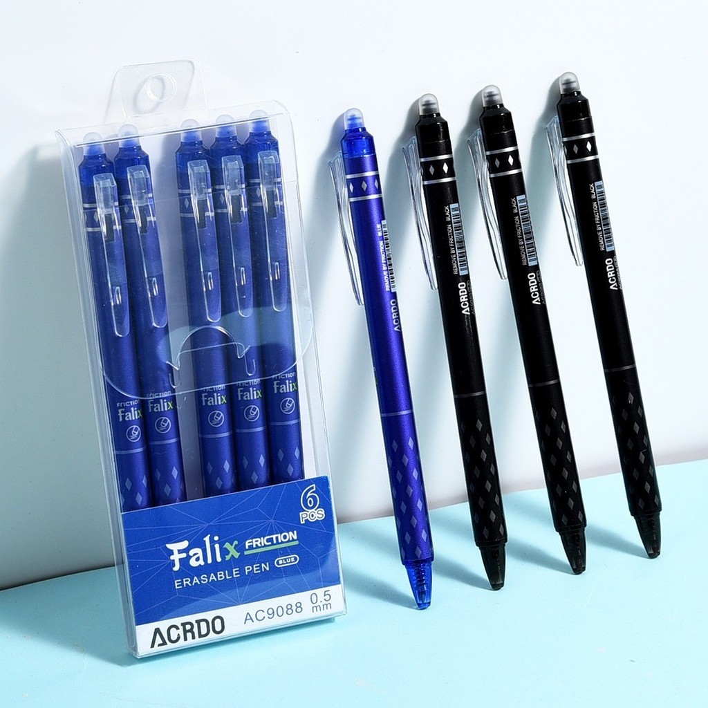 K&S🖊️ปากกาเจลลบได้ 6 ชิ้น 0.5 มม. - หมึกแรงเสียดทานความร้อนสําหรับนักเรียน ปากกาคาร์บอนสีน้ําเงิน/สีดํา