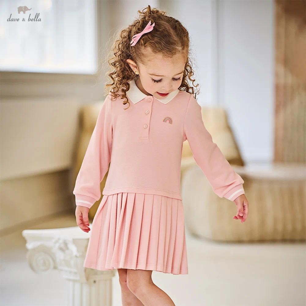 Dave Bella 6M-9Y เดรสเด็ก แขนยาว 100% Cotton ชุดเดรสโปโล แฟชั่นฤดูใบไม้ร่วง ใส่สบายๆ DB3254962