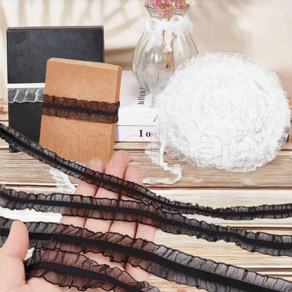 20Yards Organza Ruffled จีบผ้าลูกไม้ Trim Ribbon25 มม./20 มม.สีดําสีขาวซาตินคู่ยืดขอบลูกไม้ตัด