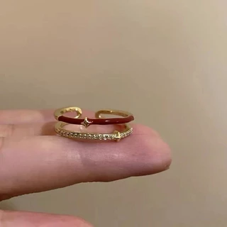 แหวนแฟชั่นผู้หญิง แดงลายดาว สไตล์วินเทจ ใส่ซ้อนได้ ปรับขนาดได้ เรียบหรู