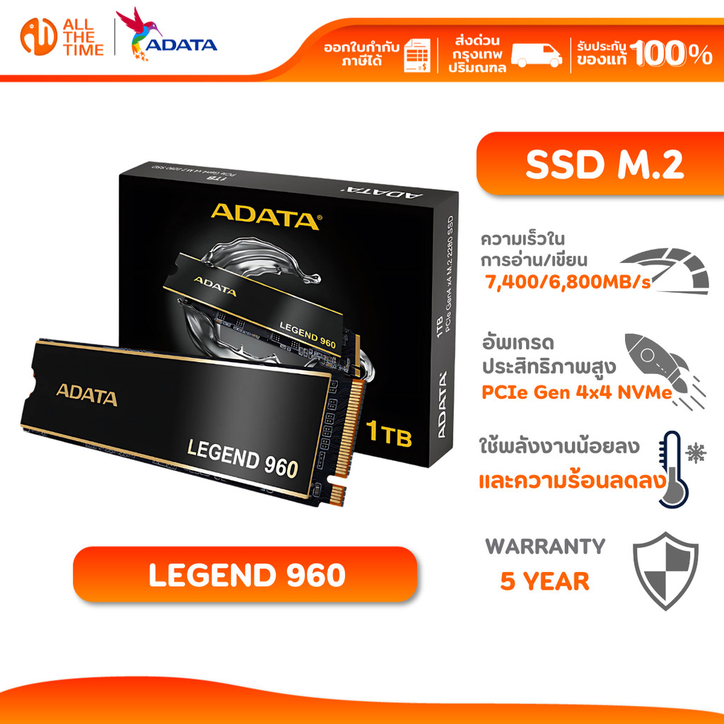 ADATA (เอสเอสดี) LEGEND 960 SSD M.2 (2TB) PCIe Gen4 x4 M.2 2280 Up to 7,400/6,800MB/s Work with PS5