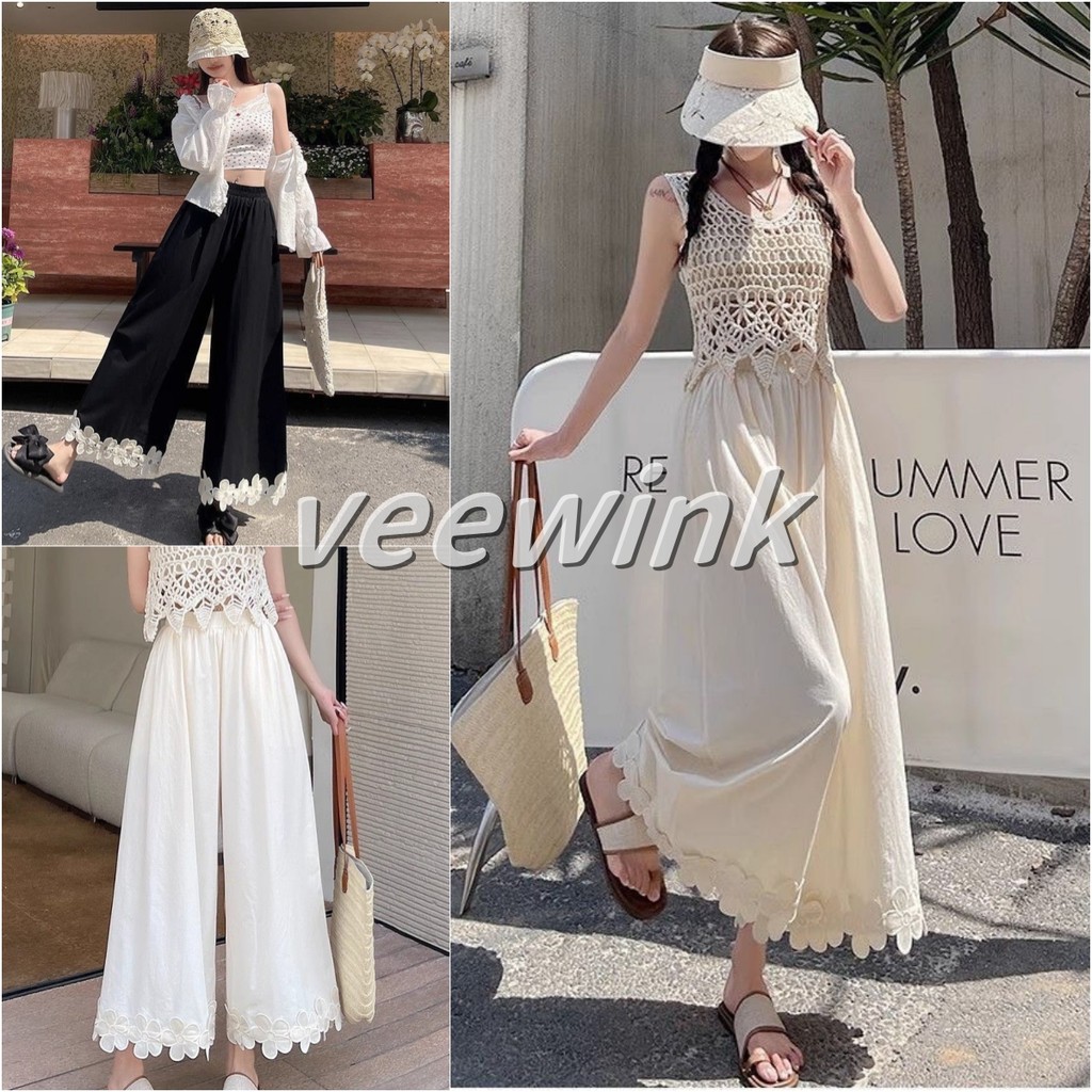 Veewink กางเกงขากว้างสตรี ลายดอกไม้ประดิษฐ์ เนื้อผ้านุ่มลื่น ทรงตรงพอดีตัว สไตล์ธรรมชาติ ใส่สบาย
