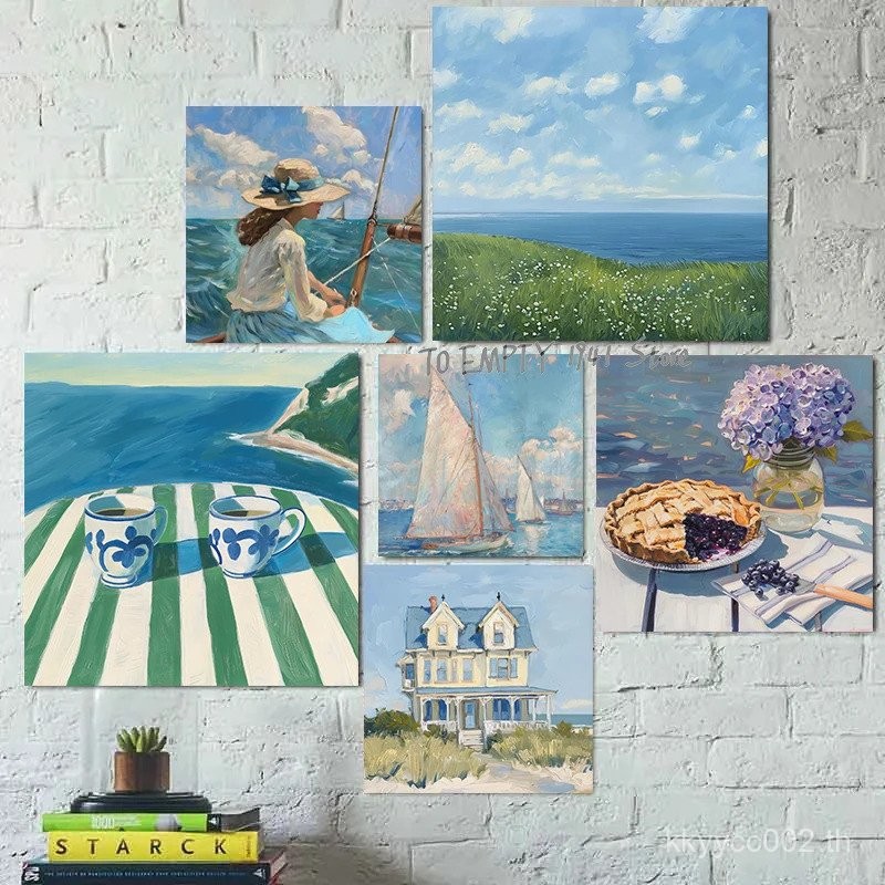 Blue Coastal Summer Beach Sea East Coast Landscape Square โปสเตอร์ผ้าใบภาพวาดภาพผนัง Home Kitchen De
