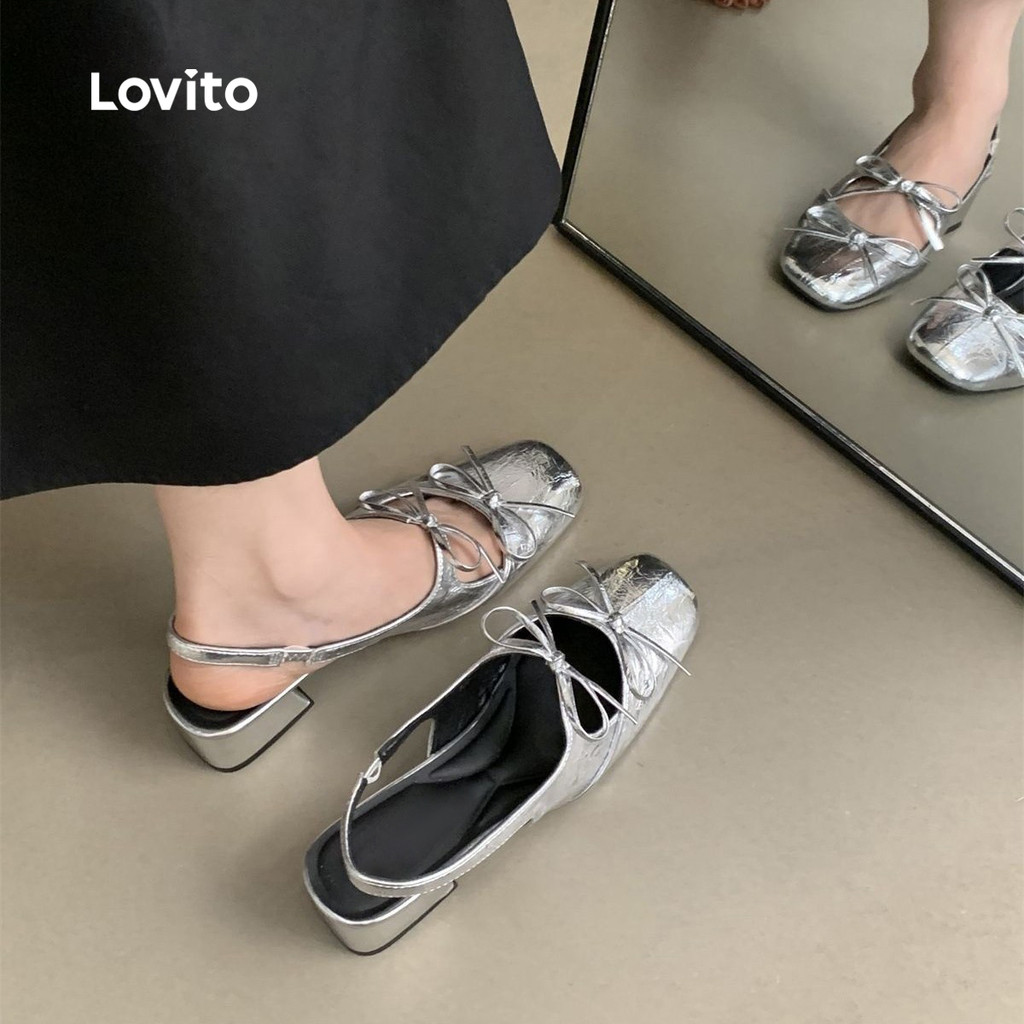 Lovito รองเท้าส้นสูงแบบแฟชั่นโบว์ฝรั่งเศส สไตล์ขี้เกียจ ส้นหนาสำหรับผู้หญิง LFA89027