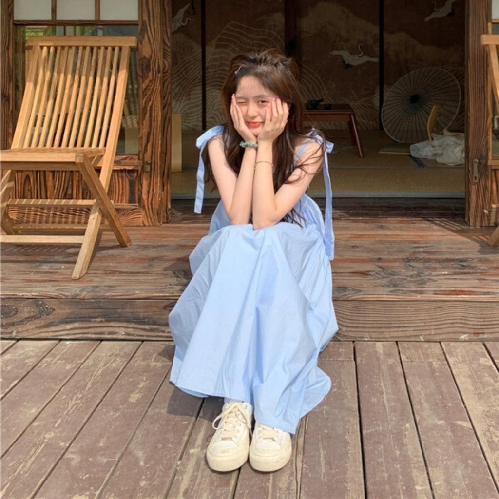 🔥ราคาถูกที่สุด🔥เดรสยาวแฟชั่นผูกโบว์สองข้าง แต่งเย็บทรงใหญ่ชายพริ้ว 2 สี