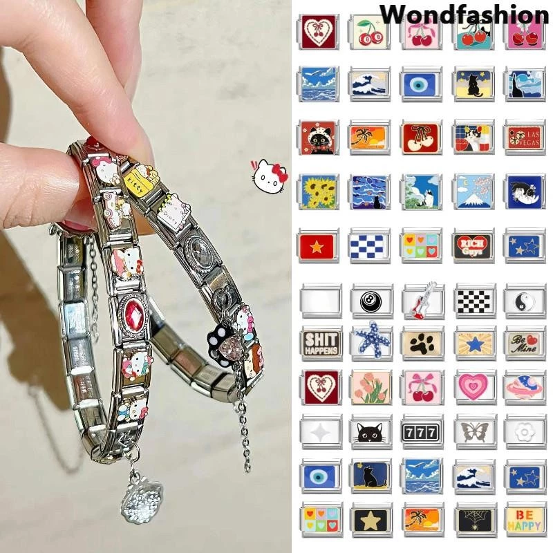 สร้อยข้อมือ charm ดอกไม้อิตาเลียน สแตนเลสขนาด 9 มม. เหมาะสำหรับคนชอบสไตล์เรโทรและทำเอง (DIY)