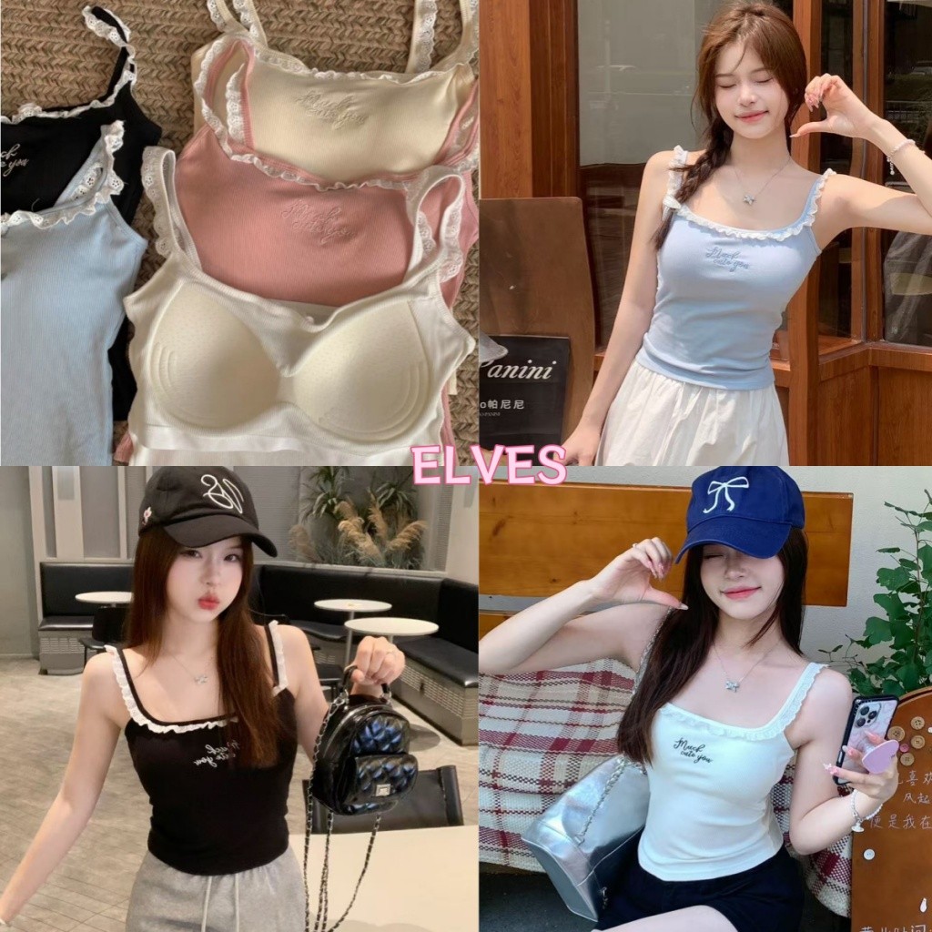 Elves พร้อม💟 เสื้อสายเดี่ยว มีฟองน้ำ แต่งลูกไม้ สีพาสเทล ดีเทลปักลายตัวอักษรน่ารัก สไตล์เกาหลี "FY1072"
