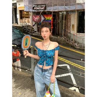 Cicishop(J2192) เสื้อสายเดี่ยว สีน้ำเงินสม็อคหลังดีเทลผูกโบว์ด้านหน้า สไตล์สาวแซ่บ
