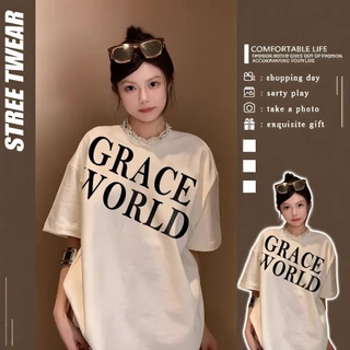 Basi💥เสื้อยืด oversize unisex สตรีทแฟชั่น โคตรนุ่ม เสื้อ cotton 100% ไม่หดตัวลาย เสื้อไม่ยับ ลาย "GRACE WORLD"