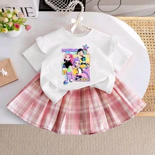 PINKชุดเซ็ทเด็ก2ชิ้น kpop demon hunterเสื้อแขนปีกนก+กระโปรงอัดพลีท