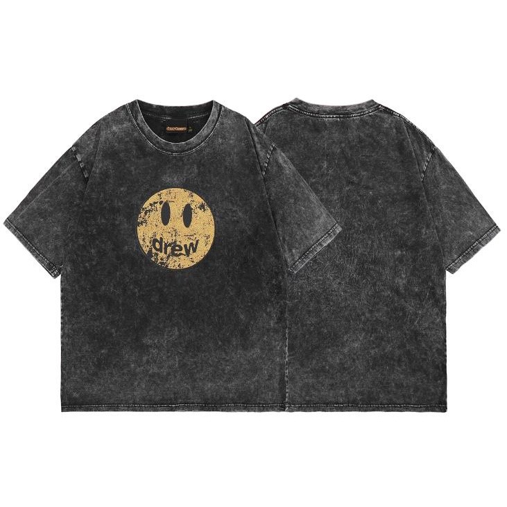 .High-End Street 2 เสื้อยืด DREW Smiley พิมพ์สไตล์ใหม่ Retro ผู้ชายผู้หญิงแขนสั้น Distressed ล้างสไต