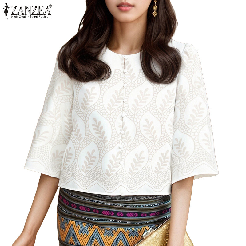 ZANZEA เสื้อเบลาส์ผู้หญิง คอกลม แขน 3/4 พิมพ์ลาย ใส่สบาย ใส่ได้ทุกโอกาส