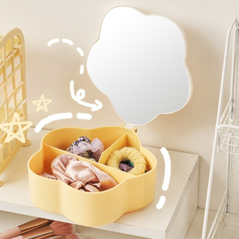 NEW กล่องเก็บเครื่องสำอางรูปดอกไม้ พร้อมกระจกแต่งหน้า ความจุใหญ่ ป้องกันฝุ่น พกพาสะดวก - รูปที่ 3