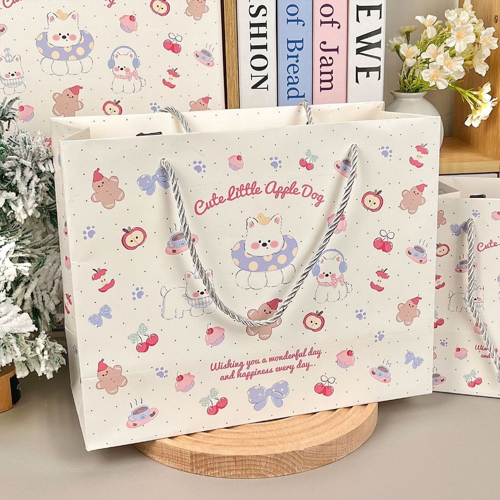 ถุงของขวัญลายสุนัขน่ารักพร้อมแอปเปิ้ล 3ไซส์ สไตล์เกาหลี ของขวัญวันเกิดผู้หญิง ของชำร่วยงานแต่ง ใส่อาหารแห้ง กระดาษแข็งทน - รูปที่ 4