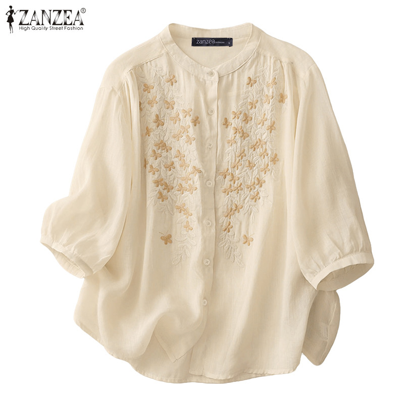 ZANZEA เสื้อลำลองสั้นแขนพองปักลายสำหรับผู้หญิง