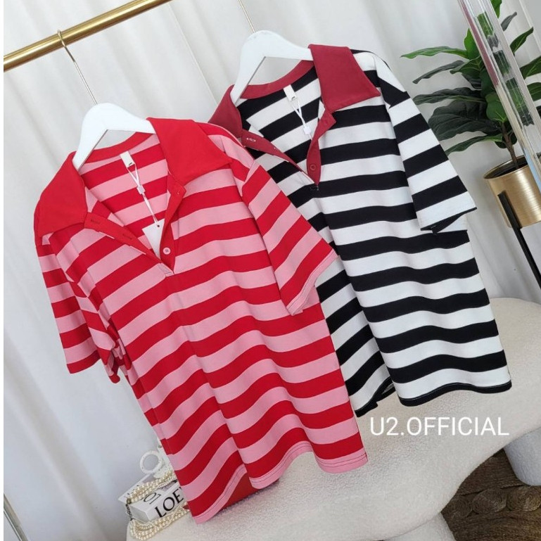 Lemon. U2 เสื้อโปโลผ้ายืด ลายทาง  เนื้อนิ่มใส่สบาย