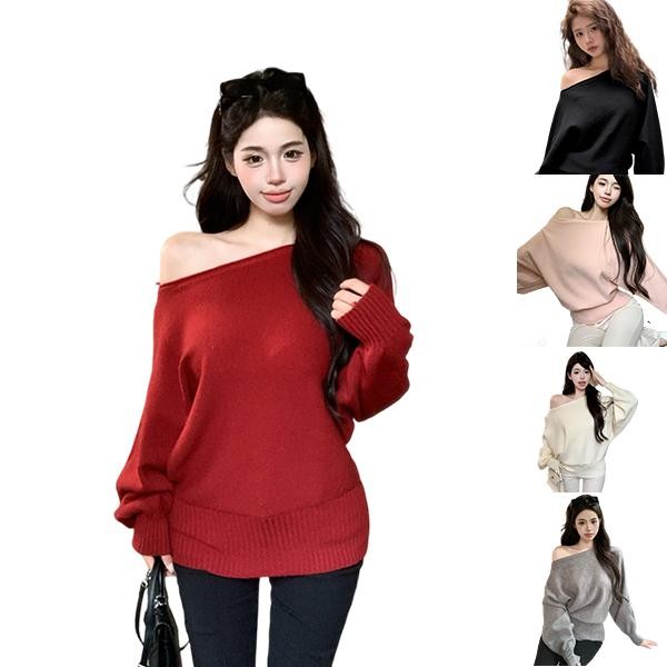 Red Berryเสื้อสเวตเตอร์คอเฉียงแขนทรงค้างคาวฤดูใบไม้ร่วงและฤดูหนาวหลวมสบาย ๆ เปิดไหล่H052