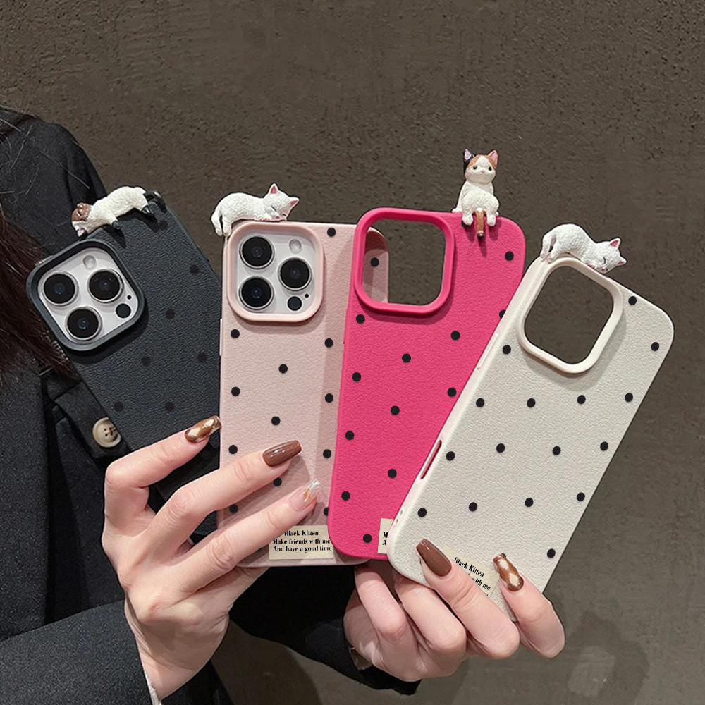 เคสโทรศัพท์มือถือ For iPhone 13 11 16 pro max Case iPhone 11 17 15 pro max 12 14 13 pro max ลูกแมวลายจุด INS