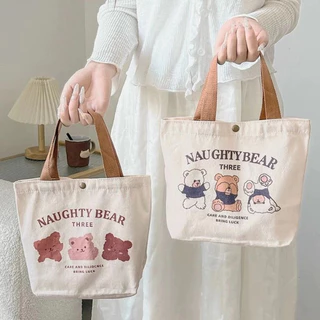 🆔888 กระเป๋าผ้า ลายหมีน่ารัก🐻‍❄️🐻🐻‍❄️ กระเป๋าถือมือขนาดเล็ก ใส่ของอเนกประสงค์ ดีไซน์มินิมอล พกพาสะดวก😊
