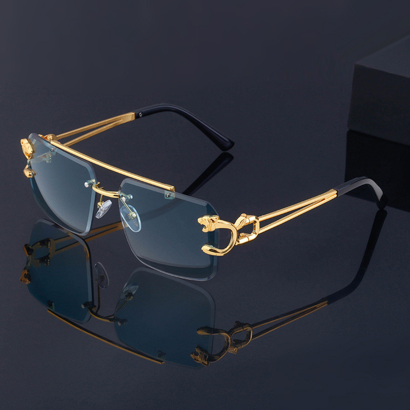 ยอดนิยมสไตล์ UV400 แว่นตากันแดดผู้หญิงผู้ชาย Rimless Square Double Bridge แว่นตากันแดด Shades Luxury Leopard Templets แว่นตา